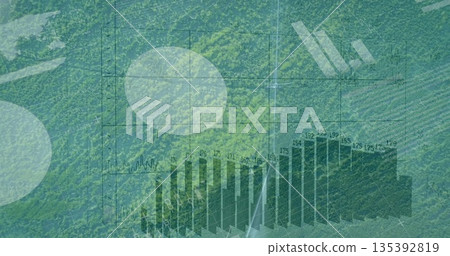 Displaying dark green bar chart over aerial forest canopy, with grid lines and numerical labels Displaying dark green bar chart over aerial forest canopy, with grid lines and numerical labels 135392819