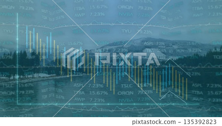 Displaying financial chart over alpine lake with candlestick bars, line graphs and stock tickers 135392823