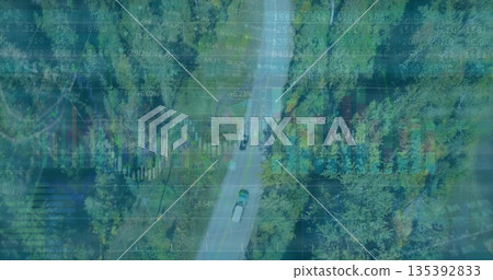Displaying aerial view of sedan and motorcycle traveling forest road with digital analytics overlay Displaying aerial view of sedan and motorcycle traveling forest road with digital analytics overlay 135392833
