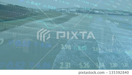 Displaying data overlay over beach with floating figures, graphs and charts and mountains 135392840