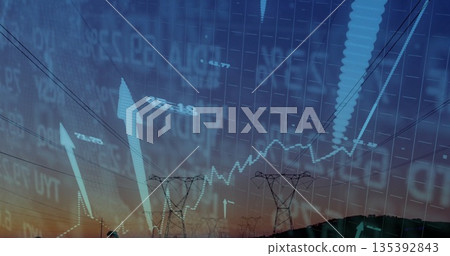Displaying steel towers and power lines rising over dusk rural hillside, with grid, arrows, graph 135392843