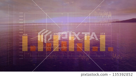 Displaying bar and line chart grid on dusky shoreline with orange bars 168,173,172,166,169,173 Displaying bar and line chart grid on dusky shoreline with orange bars 168,173,172,166,169,173 135392852