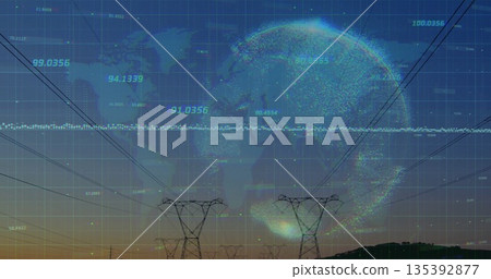 Displaying point-cloud globe hovering above hill at sunset, with power towers, grid, data labels Displaying point-cloud globe hovering above hill at sunset, with power towers, grid, data labels 135392877