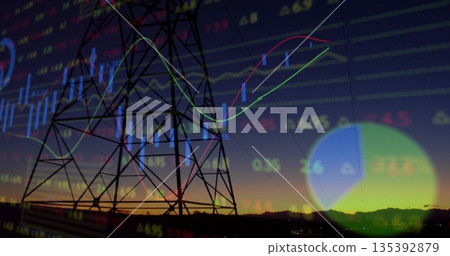 Featuring pylon silhouette against dusk hills showing candlesticks line graphs with data, pie chart 135392879