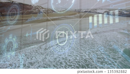 Displaying circular HUD overlaying sandy coastline, with radial chart, waveform, bar chart overlays 135392882