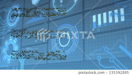 Displaying central circular interface on dashboard with grid overlay, circuit lines and data charts Displaying central circular interface on dashboard with grid overlay, circuit lines and data charts 135392895