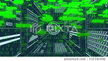 Flowing data stream through panel tunnel, with floating green binary blocks, HUD and white arrow Flowing data stream through panel tunnel, with floating green binary blocks, HUD and white arrow 135392896