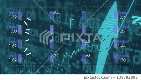 Streaming purple input bars through nodes on teal dashboard, using dashed lines and turquoise arrow Streaming purple input bars through nodes on teal dashboard, using dashed lines and turquoise arrow 135392898