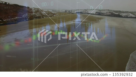 Overlaying financial candlestick chart on coastal low tide beach with shallow water and snowy hills Overlaying financial candlestick chart on coastal low tide beach with shallow water and snowy hills 135392932