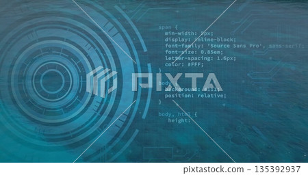 Displaying CSS code snippet scrolling in digital design with circular interface graphic, copy space Displaying CSS code snippet scrolling in digital design with circular interface graphic, copy space 135392937