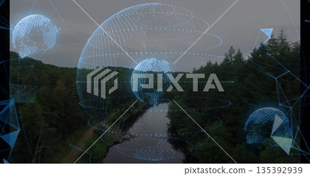 Hovering wireframe globe floating over forest river path, with data points and network shapes Hovering wireframe globe floating over forest river path, with data points and network shapes 135392939