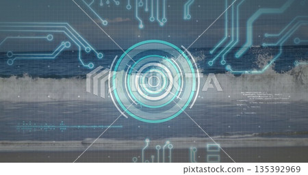 Overlaying circular HUD showing waveform on ocean wave, with turquoise circuit grid and code text Overlaying circular HUD showing waveform on ocean wave, with turquoise circuit grid and code text 135392969