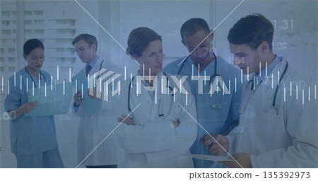 Reviewing team in lab coats and scrubs analyzing patient data in conference room with tablet device Reviewing team in lab coats and scrubs analyzing patient data in conference room with tablet device 135392973