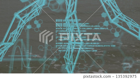 Turquoise wireframe legs emerging in water, with code text, hexagon diagrams, waveform graph Turquoise wireframe legs emerging in water, with code text, hexagon diagrams, waveform graph 135392975