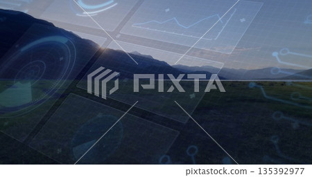 Displaying interface panels overlaying mountain valley dusk, with radar, charts, nodes, markers 135392977