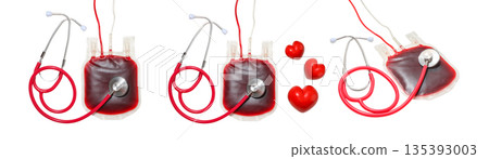Multiple blood bags with stethoscope and red hearts, isolated, PNG 135393003
