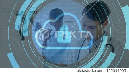 Physicians in lab coats reviewing on tablet in hospital corridor with stethoscopes, cloud-lock icon 135393005