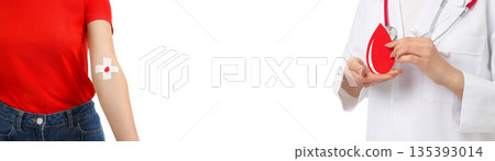 Blood donor in red shirt with bandage on arm, isolated, PNG 135393014