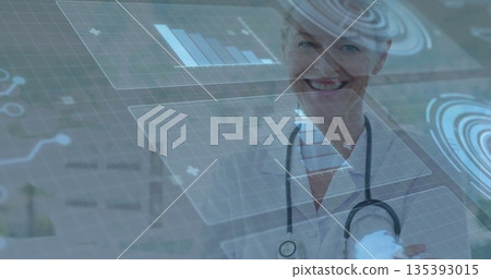 Reviewing data doctor wearing lab coat and stethoscope at clinic with digital interface, copy space Reviewing data doctor wearing lab coat and stethoscope at clinic with digital interface, copy space 135393015