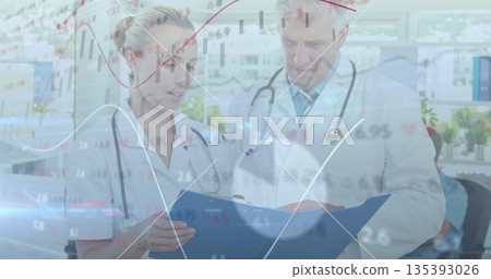 Doctors reviewing blue patient folder in hospital room with stethoscopes and data overlay Doctors reviewing blue patient folder in hospital room with stethoscopes and data overlay 135393026