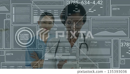 Two doctors examining holographic data panels in futuristic lab, with stethoscopes and charts Two doctors examining holographic data panels in futuristic lab, with stethoscopes and charts 135393036