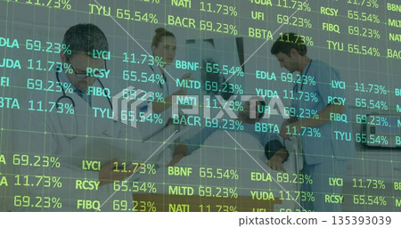 Medical team in scrubs checking smartphone and using screens in hospital room with ticker overlay Medical team in scrubs checking smartphone and using screens in hospital room with ticker overlay 135393039