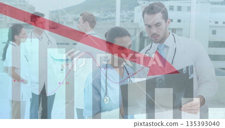 Doctor in white coat examining X-ray films on hospital terrace, with data overlay, copy space Doctor in white coat examining X-ray films on hospital terrace, with data overlay, copy space 135393040