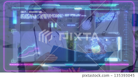 Physicians analyzing digital charts and globe display in lab, holding blue folder and stethoscope 135393045