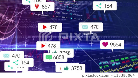 Cluster of play-button and heart icons floating in virtual analytics dashboard, with layered charts 135393064