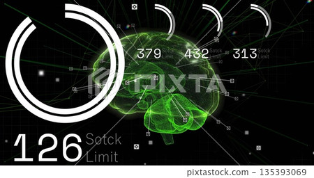 Displaying 3D brain hologram in data interface, linking nodes with charts, labels and network lines 135393069