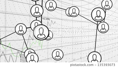 Showing network of avatar icons linking with lines over dotted grid on dashboard, +6 135393073