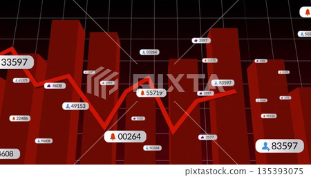 Displaying red 3D bars with red line graph in dashboard, with data labels, icons, grid overlay 135393075