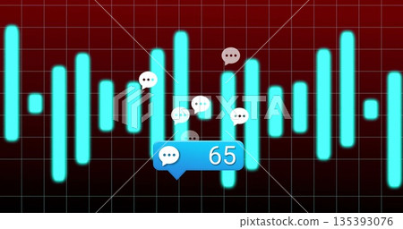 Dashboard displaying cyan bars with white chat icons on dark red grid, blue notification bubble 65 Dashboard displaying cyan bars with white chat icons on dark red grid, blue notification bubble 65 135393076