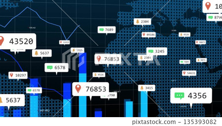 Displaying vertical bar charts on world map interface, with labels showing pin, chat, bell icons 135393082
