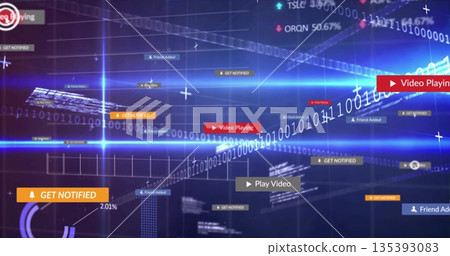 Displaying floating UI buttons moving across dashboard with grid lines, binary code and light beams Displaying floating UI buttons moving across dashboard with grid lines, binary code and light beams 135393083