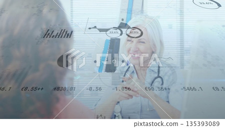 Gesturing female physician with stethoscope consulting patient in clinic, with chart overlay 135393089