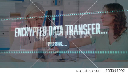 Doctor placing blood pressure cuff on patient arm in consultation room, with encrypted data overlay 135393092