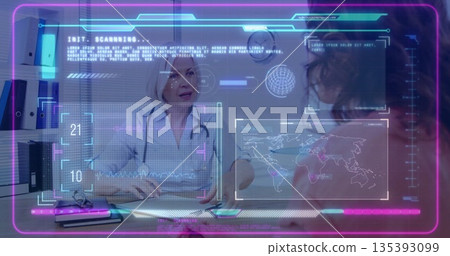 Doctor and patient conducting consultation in exam room, with stethoscope and digital interface Doctor and patient conducting consultation in exam room, with stethoscope and digital interface 135393099