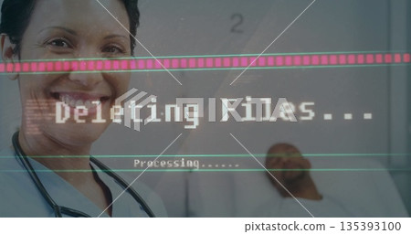 Smiling doctor wearing coat, stethoscope beside bed in hospital, digital glitch overlay, copy space 135393100