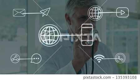 Displaying senior doctor presenting stethoscope chest piece at office window, with digital icons Displaying senior doctor presenting stethoscope chest piece at office window, with digital icons 135393108