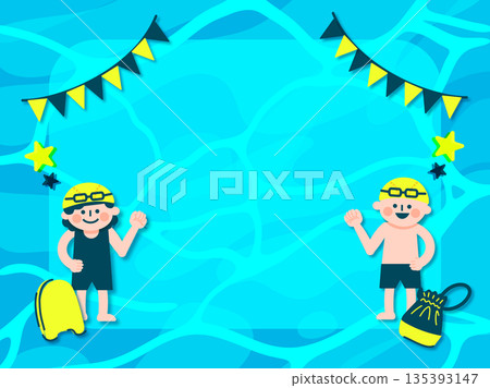 游泳課場景插圖：泳池水面和穿著泳衣的孩子們（握拳慶祝） 135393147