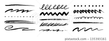 Hand drawn brush strokes and sketch marker underline set. Textured chalk pencil marks, crayon scribbles, scratch paint lines. Crayon grunge texture brush stroke highlight shapes. Vector 135393161