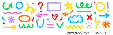 Hand drawn brush strokes abstract shapes arrow, asterisk, line element set. Grunge markers stroke arrows, organic curves. Geometric line circle, wave, star shapes. Vector 135393162