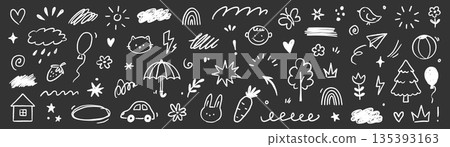 Kid element cute icon set. Kid icon heart, star, cloud element line hand drawn sketch on background. Cute childish chalk crayon art with flower, rainbow, sun on chalkboard. Vector Kid element cute icon set. Kid icon heart, star, cloud element line hand drawn sketch on background. Cute childish chalk crayon art with flower, rainbow, sun on chalkboard. Vector 135393163