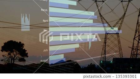 Bar chart showing monthly data in dusk field, with transmission towers power lines code overlay Bar chart showing monthly data in dusk field, with transmission towers power lines code overlay 135393301