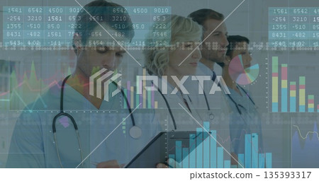 Reviewing medical team analyzing digital charts in hospital corridor, with tablet and stethoscopes Reviewing medical team analyzing digital charts in hospital corridor, with tablet and stethoscopes 135393317