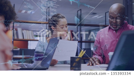 Reviewing printed reports, three professionals analyzing charts in library office, with laptops Reviewing printed reports, three professionals analyzing charts in library office, with laptops 135393334