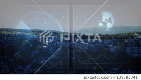 Displaying rugged cliff formation at canyon, with radar, grid, 3D globe, graph and data nodes Displaying rugged cliff formation at canyon, with radar, grid, 3D globe, graph and data nodes 135393341