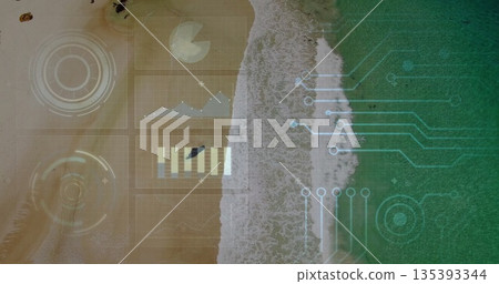 Showing shoreline merging with digital grid overlays at beach, with HUD pie chart, circuit graphics 135393344
