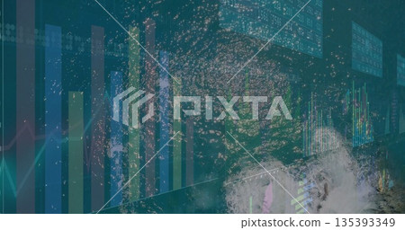 Swirling water vortex merging with financial charts in digital graphic, with vertical bar charts 135393349